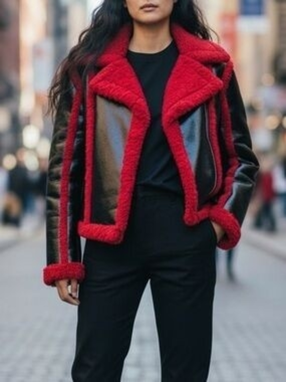 7 For All Mankind Black Leather Jacket with Red Shearling Trim